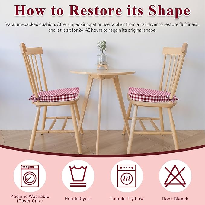 Burgundy Gingham Winsor Chair Cushions with Ties, Foam Dining Kitchen Chair Seat Pads Non Slip Removable Washable 17"x16" Set of 4