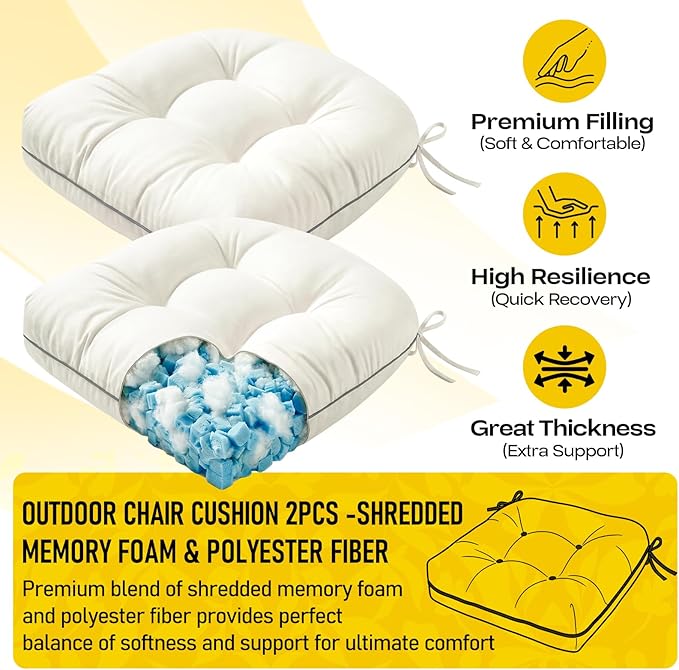 1 MIDDLE ONE Outdoor Chair Cushions Set of 2, Outdoor Cushions for Patio Furniture and Wicker Chair, Memory Foam Patio Seat Cushion Pads with Ties, 19 x 19 Inch (Cream)