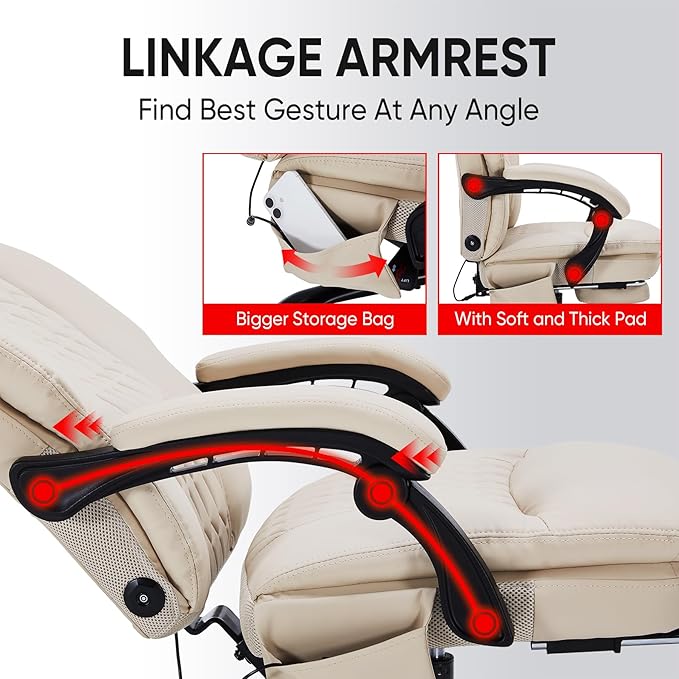Kneading Massage Office Chair with Foot Rest,16 Nodes Shiatsu Massage Reclining Office Chairs,450lbs Home Office Desk Chair for Heavy People,Ergonomic Desk Chairs with Extra Cushion Pillow(Cream)