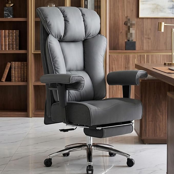 Efomao Big and Tall Office Chair 400lbs, Executive High Back Office Chair with 24" Extra Wide 6.1" Spring Cushion and Footrest, Reclining Heavy Duty Desk Chair for Home Office, Grey