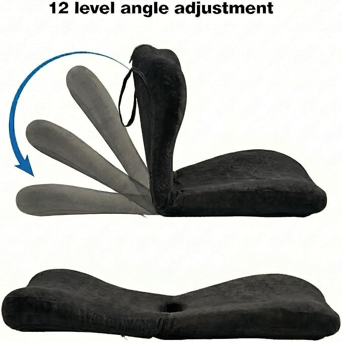 Adjustable Foldable Chair Cushions with Backrest, Lumbar Support Cushion with Detachable Headrest Pillow, Ergonomic Support Seat Cushion Chair for Office, Home, Car & Floor Sitting (Black)