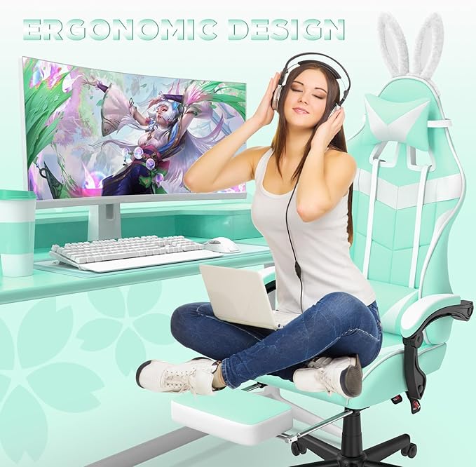 Soontrans Light Green Gaming Chair with Footrest,Lovely Cute Bunny Computer Gamer Chair,Kawaii Desk Chair for Granddaughter,Sister,Girlfriend,Wife and Love