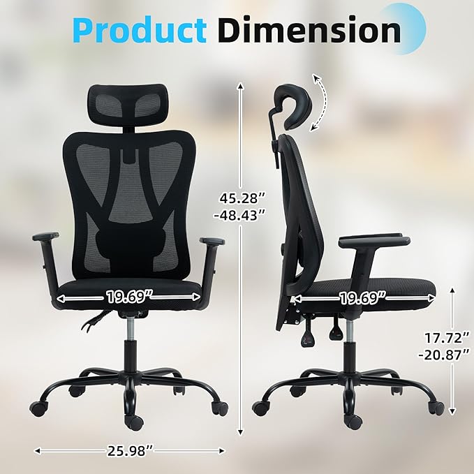 ECOTOUGE Ergonomic High Back Office Chair, Floor Chair with Back Support, Big and Tall Office Chair with Adjustable Headrest, Gaming Chair Mesh Home Office/Study Chair, Black