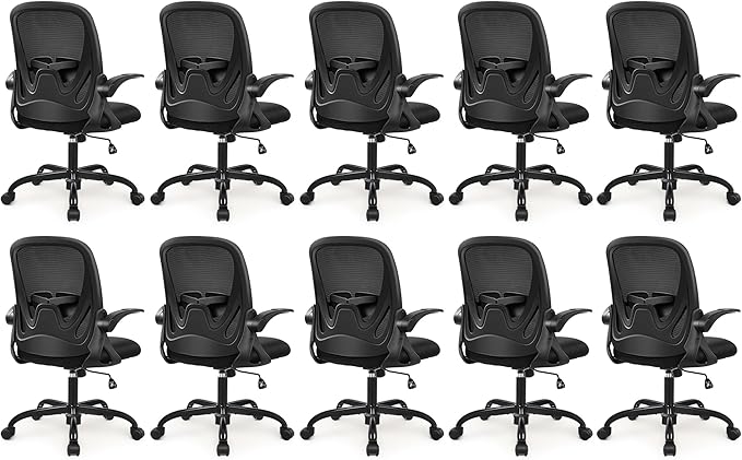 Primy 10-Pack Office Chair Ergonomic Desk Chair with Flip up Armrests Swivel Breathable Desk Mesh Computer Chair with Adjustable Lumbar Support and Height for Conference Room (Black)