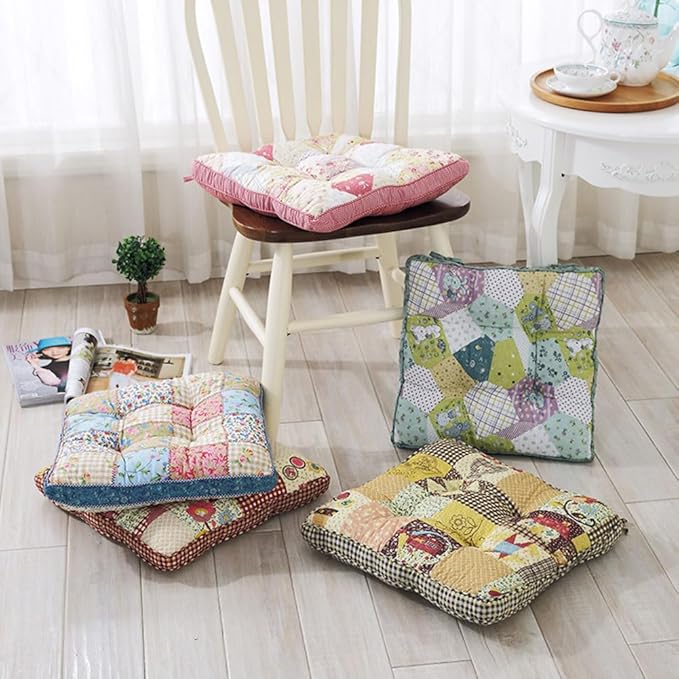 Boho Cotton Quilted Chair Cushion for Dining Chairs Non Slip Soft Comfortable Chair Pads with Ties Patchwork Printed Seat Cushion for Kitchen Chairs Office Chairs (Pattern Q,16"x16")