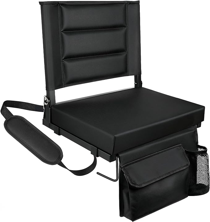 Stadium Seats with Back Support,Bleacher Chairs with Cushion, Portable Folding Stadium Chair with Removable Cushion and Large Pocket for School Events Sports Game(Black)