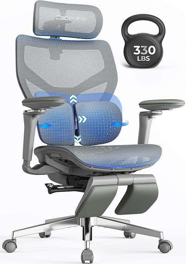 Ergonomic Office Chair with Lumbar Support - Over 10 Hours Sitting Comfortable, Mesh Big and Tall Home Computer Desk Chairs, 4D Headrest, 2-Gear Footrest, 630° Armrst, Seat Depth Adjustable
