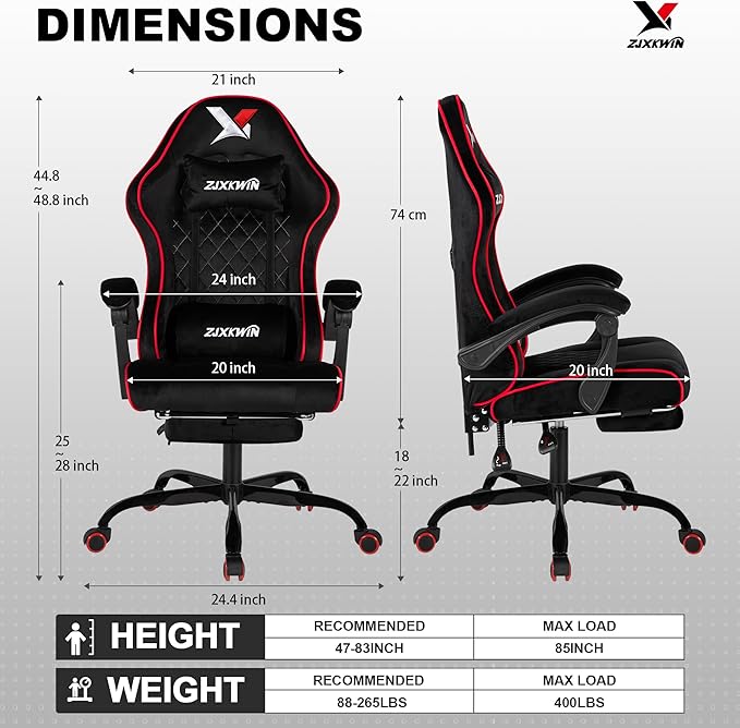 Velvet Gaming Chair, Ergonomic High Back Racing Chair with Footrest, Spring Wide Cushion, Adjustable Headrest & Lumbar Support, 90-135° Recline, 360° Swivel, 300lbs for Home Office, Red