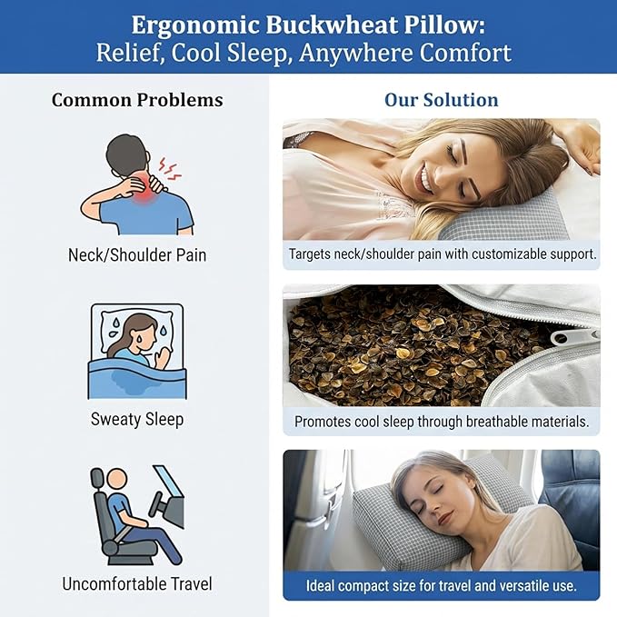 Adjustable Buckwheat Hull Pillow for Neck Pain Relief (21x8x4) Natural Cooling Cervical Support Camping Pillow for Side & Back Sleepers with Night Sweats (xiaoge Grey)