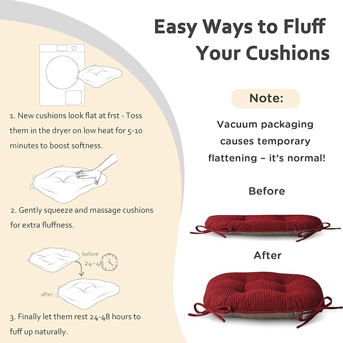 ELFJOY Dining Chair Cushions Thick Non Slip Kitchen Chair Pads with Ties Comfortable Indoor Kitchen Seat Cushions 18" x 18" x 3" (1, Red)