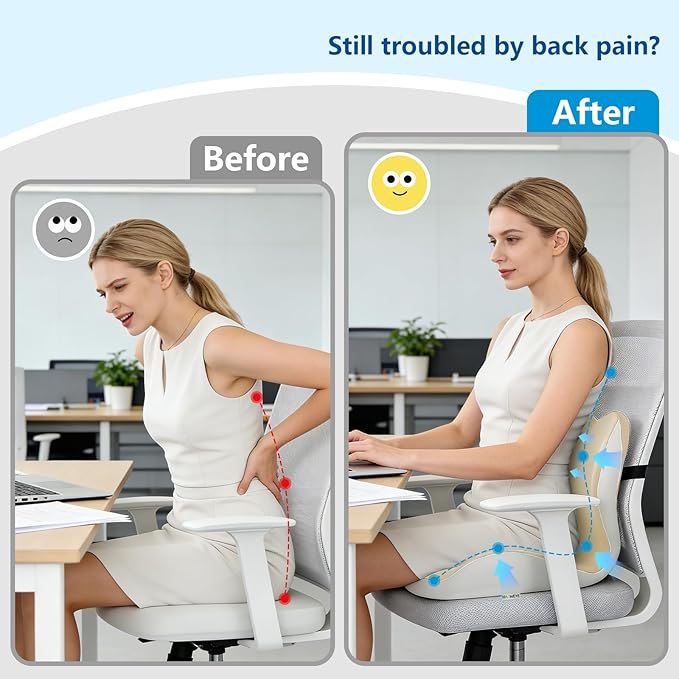 Orthopedic Memory Foam Seat Cushion with Adjustable Strap, Coccyx & Sciatica Pain Relief, Washable Non-Slip for Long Sitting, Ergonomic Posture Support for Office Chair, Car & Wheelchair (Beige Grey)
