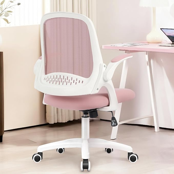 NEO CHAIR Office Desk Gaming Ergonomic Computer Chair with Lumbar Back Support Adjustable Height Swivel Rolling Wheels Flip-up Arms Mesh Chair for Home Vanity (Pink)
