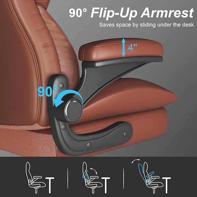 Office Chair, Home Desk Chair, Ergonomic Computer Chair with Lumbar Support, Executive Leather Chair with Flip-Up Armrests, Big and Tall Swivel Rolling Chair, Light Brown