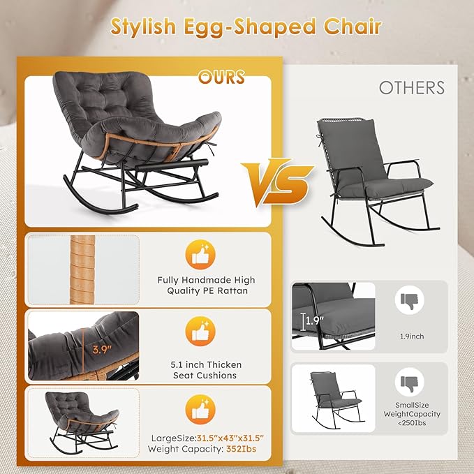 Jojoka Oversized Papasan Rocking Chair with Integrated Detachable Foot Rest, Thick Removable Cushion, PE Rattan Metal Frame Lounge Chair for Indoor Outdoor Patio, Garden, Porch, Living Room