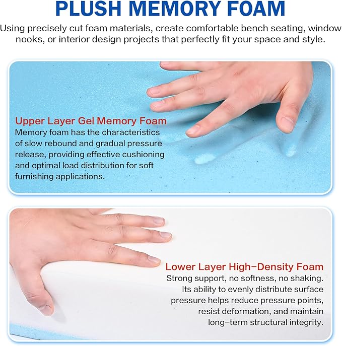 High Density Upholstery Foam Cushion - 4" Thick x 24" x 72", Gel Memory Foam Support Padding for Seat Cushion Replacement, DIY Projects, Sofa Mattress Support