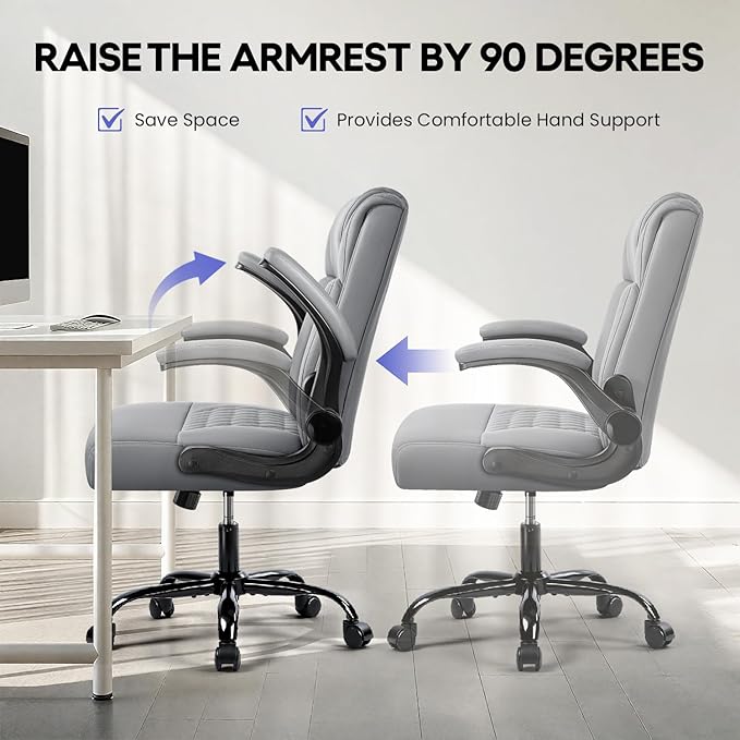 OFIKA Leather Office Desk Chair,Ergonomic Office Chair with Lumbar Support,Computer Chair,Executive Leather Chair with Padded Flip-up Arm,Adjustable Armrests, Gray,275LBS