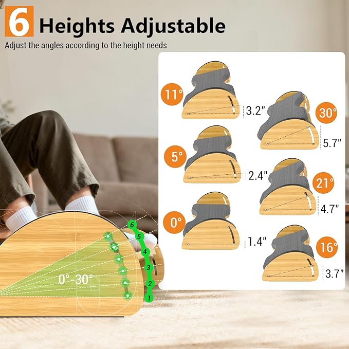 Bamboo Foot Rest for Under Desk at Work - 3-in-1 Reversible Rocking Desk Footrest with Foam Cushion Pad and 6 Adjustable Heights, Ergonomic Foot Rest with Washable Cover for Home, Office and Gaming