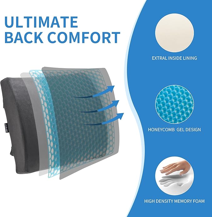 Lumbar Support Pillow for Office Chair - Memory Foam Back Cushion for Chair, Car, Couch - Lumbar Pillow Promotes Better Posture, Back Pain Relief with Adjustable Strap & Non-Slip