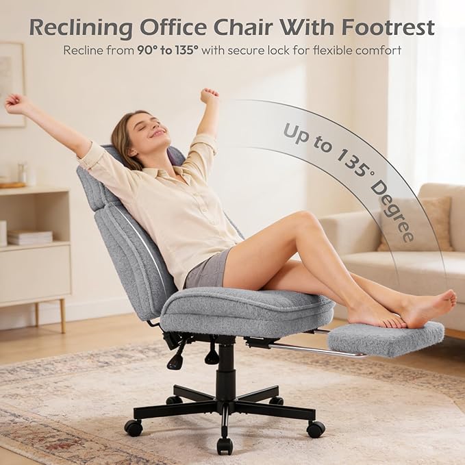 Criss Cross Chair with Wheels - Home Office Desk Chairs with Foot Rest, Morden Comfy Swivel Makeup Chair for Vanity, Ergonomic Cross Legged Office Chair with High Back & Wide Seat, Grey