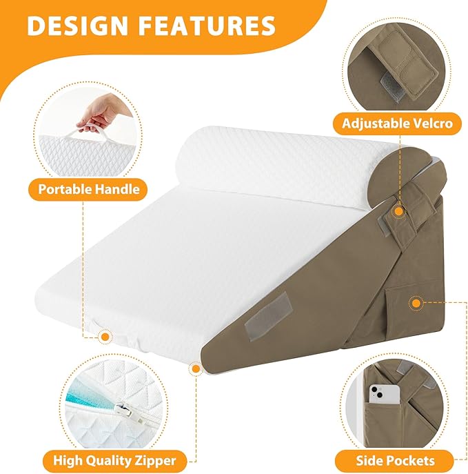 Ruqmuis 3PCS Wedge Pillow Set for After Surgery, Adjustable 9&12 Inch Bed Wedge Pillow for Sleeping, Incline Pillow Wedge for Headboard, Post Surgery, Acid Reflux, Neck&Back Support, Brown