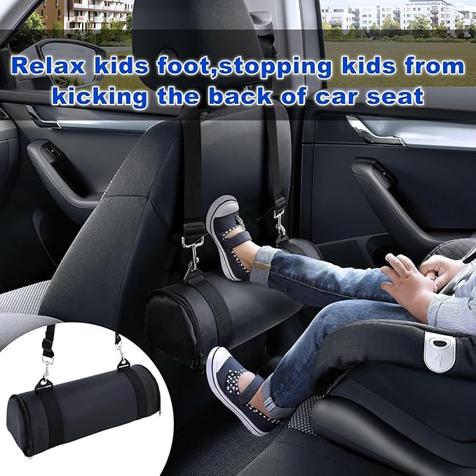 Car Seat Footrest for Children, Strap-On Car Seat Leg Support Pad, Footrest for Children Ideal for Long Road Trips, Car Seat Footrest for Children—(Black Leather)