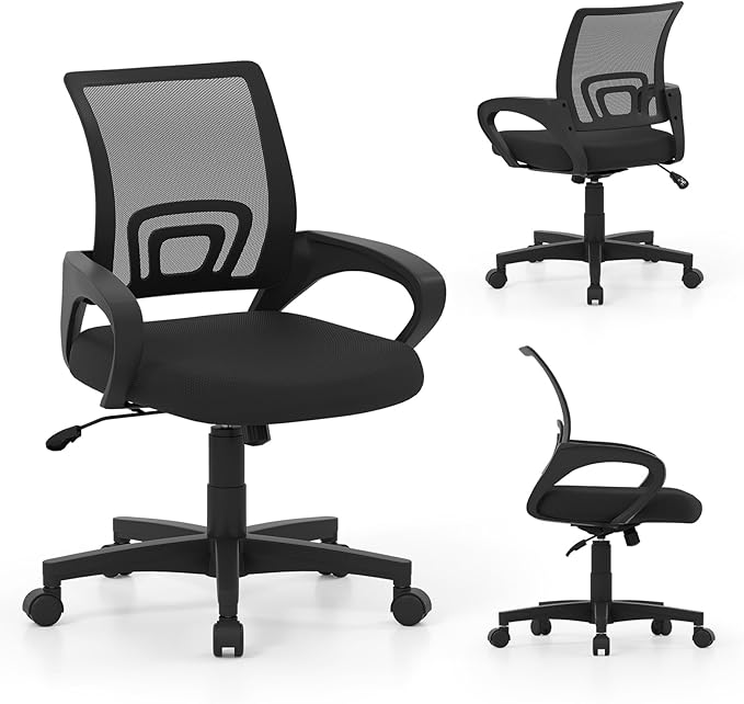 Giantex Ergonomic Mesh Office Chair, Mid-Back Computer Chair with Breathable Backrest, Lumbar Support and Adjustable Height, Gaming Chair, Swivel Rolling Desk Chair for Home Office, Task and Study