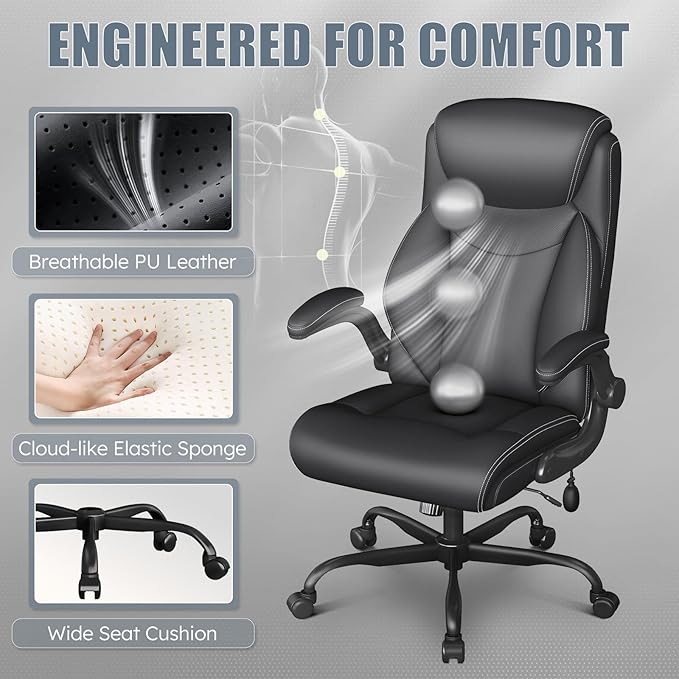 Ergonomic Office Chair, Home Desk Computer Chair, High Back Executive Chair- Padded Leather Comfy Chair with Adjustable Lumbar Support & Flip-Up Arms, Rocking Swivel Chair for Home Office,Black