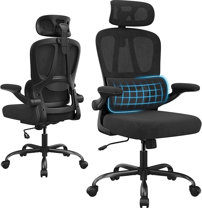 Breathable All-Mesh Ergonomic Chair with Headrest - High Back Desk Chair for Cool, Sweat-Free Work Sessions, Silent Casters Perfect for Bedroom Office (Black)