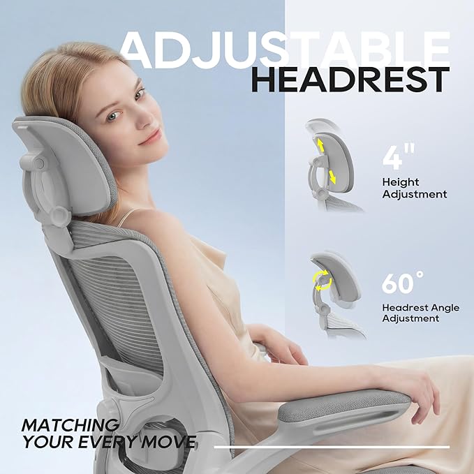 Office Chair, Ergonomic Mesh Desk Chair with Adjustable Lumbar Support and Headrest, Flip-up Armrests, High Back Computer Task Chair for Home and Executive Office (G-All Grey)
