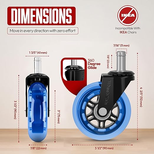 Wheels Xela Blue Office Chair Wheels, Set of 5, 3 Inch Heavy-Duty Replacement Rubber Wheels for Desk & Gaming Chair are Easy to Install & Suitable for All Floor Types