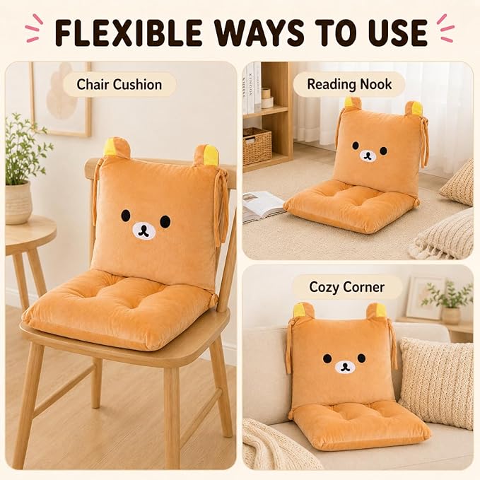 ChezMax Chair Cushion Plush Seat Cushion Back Cushion with Ties Thickened Desk Chair Pads Cartoon Waist Pillow Cushion Decor for Chair Car Office Patio Wheelchair Cartoon Bear
