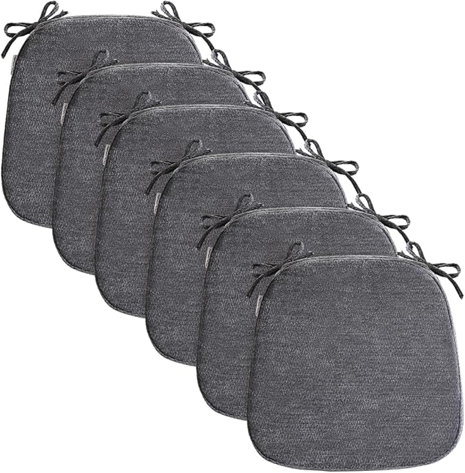 D-Shaped Chair Cushions for Dining Chairs, 2.5” Thick Chair Pads with Washable Comfortable Textured Cover, Non Slip Kitchen Chair Cushions with Ties, 16.5" x 16.5", 6 Pack, Dark Grey