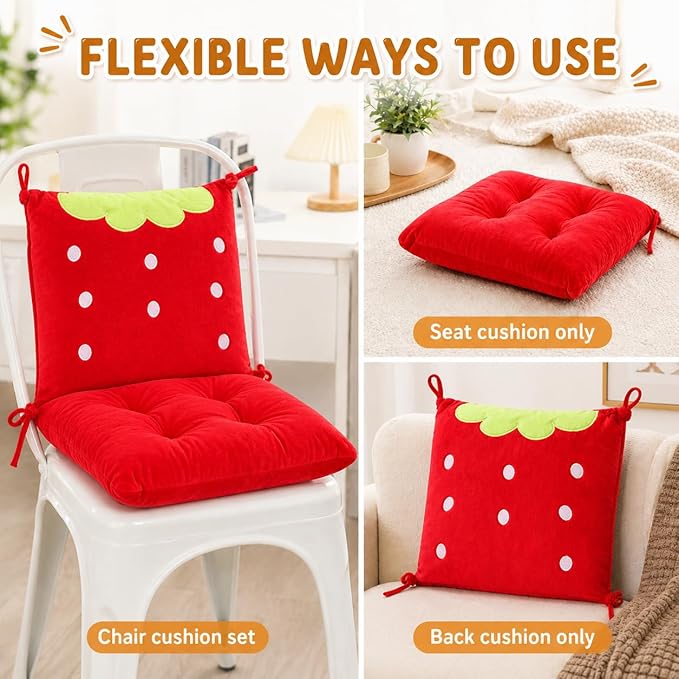 ChezMax Chair Cushion Plush Seat Cushion Back Cushion with Ties, Detachable Thickened Desk Chair Pads, Cartoon Waist Pillow Cushion Decor for Chair Car Office Patio Wheelchair, Cartoon Strawberry