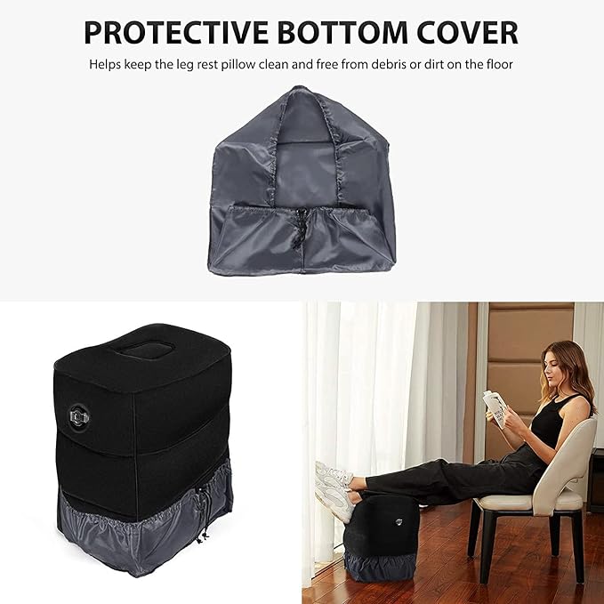 Inflatable Foot Rest Pillow for Travel, Adjustable Height Airplane Foot Cushion for Long Flights, Portable Comfort Footrest for Car, Office and Travel (Gray) (Black)