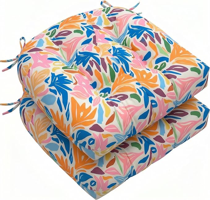1 MIDDLE ONE Outdoor Chair Cushions Set of 2, Outdoor Cushions for Patio Furniture and Wicker Chair, Memory Foam Patio Seat Cushion Pads with Ties, 19 x 19 Inch (Colorful Leaves)