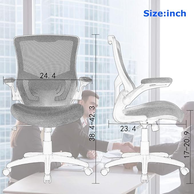 Office Chair Desk Chair Computer Chair with Lumbar Support Flip Up Arms Modern Task Adjustable Swivel Rolling Executive Mesh Ergonomic Chair for Back Pain, Grey