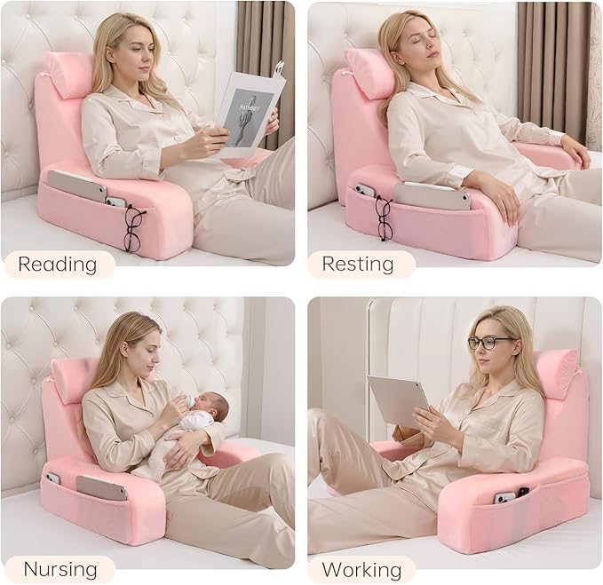 ENITYA 19" Back Support Pillow,Reading Pillow with Built-in Arms & Large Pockets, Removable Washable Cover, Wedge for Sitting,Reclining,Watching TV,Post Surgery in Bed,Couch or Floor,Medium Firm,Pink