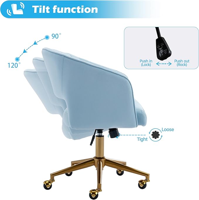 KCC Home Office Chair Swivel Desk Chair Accent Armchair Upholstered Modern Tufted Chairs with Gold Base for Girls Women Ergonomic Study Seat Computer Task Stools, with Wheels, Velvet(Blue)