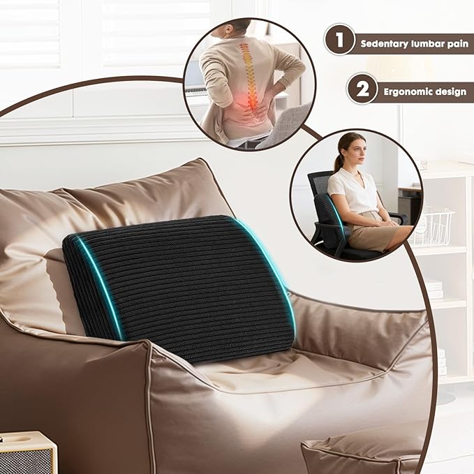 Large Lumbar Cushion Lumbar Support Pillow, Ergonomic Lumbar Pillow with Machine Washable, Help Relieve Pain of Back, Lumbar, Tailbone and Sciatic Nerve Support. (Black)
