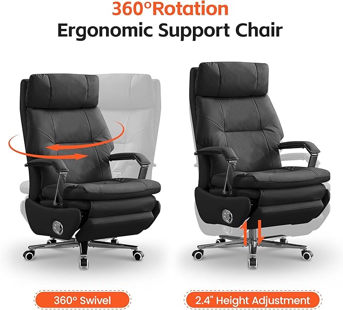 Big and Tall Executive Office Chairs with Footrest, Ergonomic 360° Swivel Desk Chair High Back Recliner, Manual 150° Reclining Computer Gaming Chair with Wheels for Home Office Faux Leather, Black