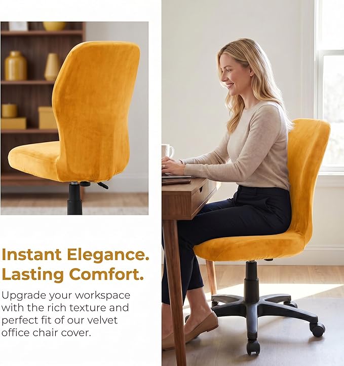 Deisy Dee Velvet Stretch Armless Office Chair Covers - Colorful Stretch Slipcover for Desk Chairs (Golden Yellow)