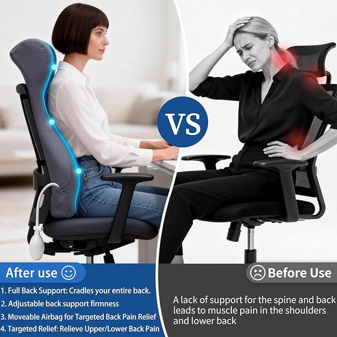 27.7'' Adjustable Inflatable High Lumbar Support Pillow for Office Chair, Full Back Support Pillow for Lower Back Pain Relief, Memory Foam Lumbar Cushion for Gaming Chair, Sofa, Improves Posture