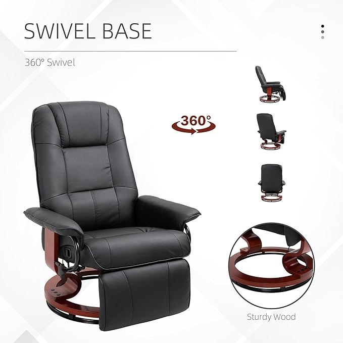 HOMCOM Swivel Recliner Chair, PU Leather Reclining Armchair with Retractable Footrest, Lounge Chair with Wood Base and Adjustable High Back for Small Spaces, Living Room, RV, Bedroom, Black