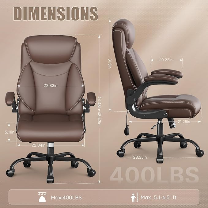 Ergonomic Office Chair, Home Desk Computer Chair, High Back Executive Chair- Padded Leather Comfy Chair with Adjustable Lumbar Support & Flip-Up Arms, Swivel Chair for Home Office,Brown 2 Pack