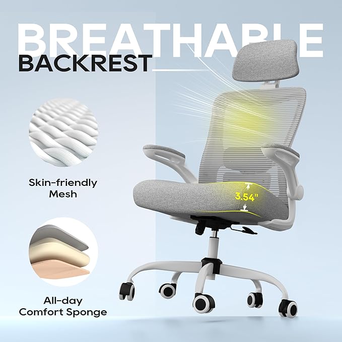 Office Chair, Ergonomic Mesh Desk Chair with Adjustable Lumbar Support and Headrest, Flip-up Armrests, High Back Computer Task Chair for Home and Executive Office (G-All Grey)