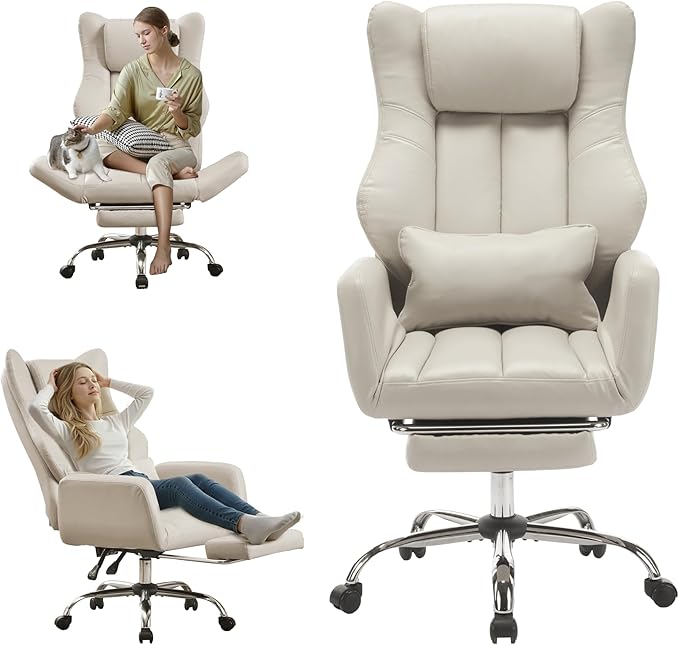 Ergonomic Cross Legged Office Chair with Footrest,Leather Big and Tall Executive Chair with Wheels,Reversible Armrest and Lumbar Pillow,155° Reclining Computer Wide Desk Chair for Home,Office (Beige)