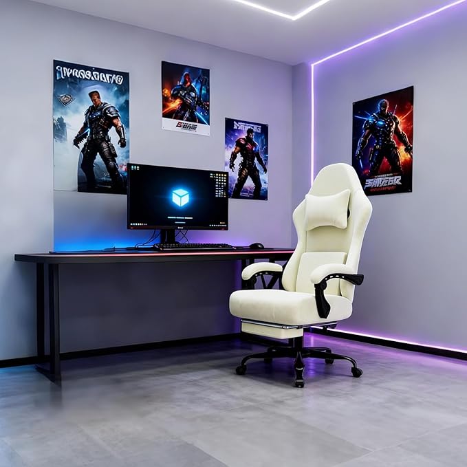Massage Gaming Chair, Ergonomic Video Game Chair with Lumbar Support and Footrest, Height Adjustable Fabric Computer Chair with Pocket Spring Cushion (Beige)