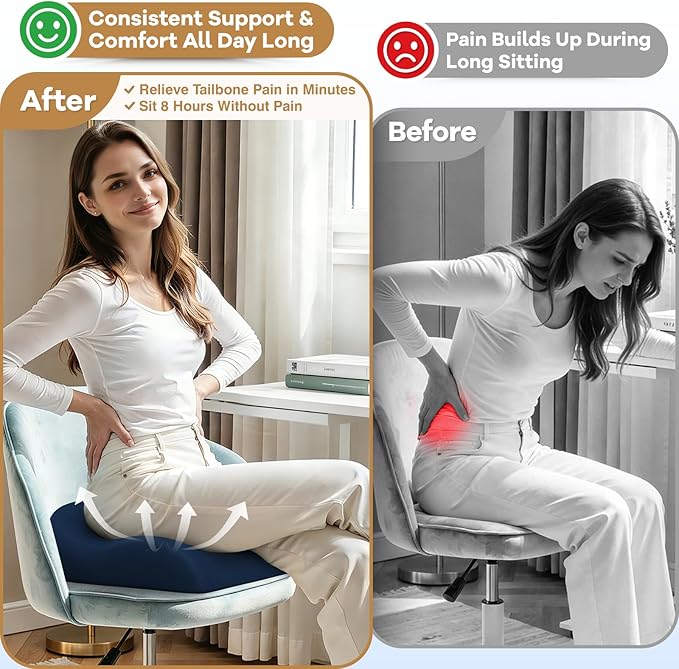 Seat Cushion for Pressure Relief - Ergonomic Home & Office Chair Cushions for Tailbone, Hip, Sciatica Support, Memory Foam Chair Pad for Long Sitting, Driving (Blue)