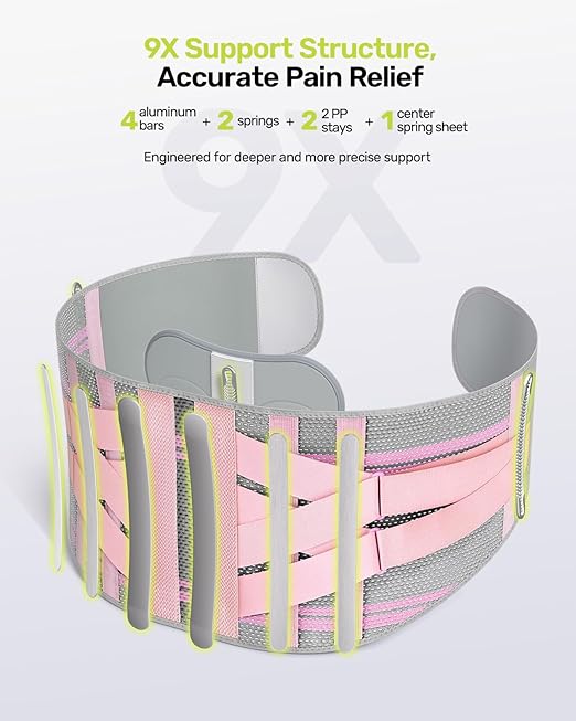 Rakiie Back Brace for Lower Back Pain Women with 9X Support System, Ergonomic Lumbar Support for Pain Relief, Breathable Mesh Design with 3D Silicone Pad for Sciatica, Pink Size XL (Waist: 39.4" – 47.6")