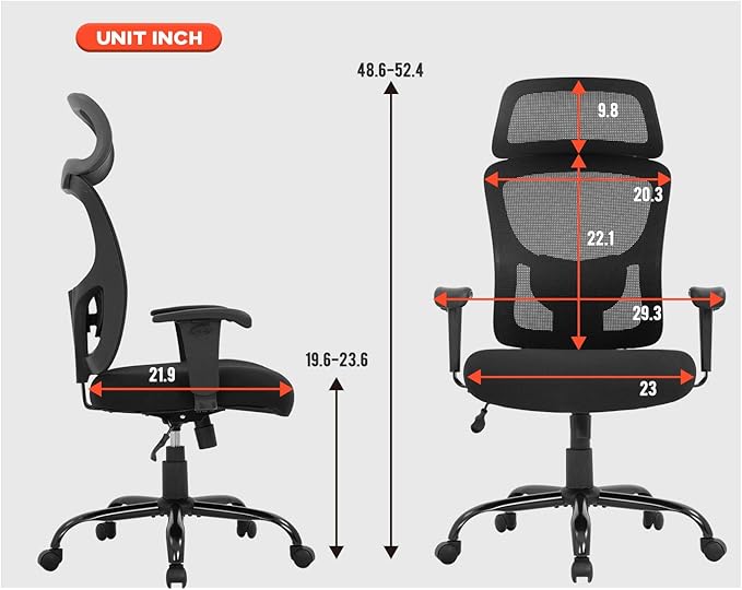 Big and Tall Office Chair Ergonomic Chair 400lbs Wide Seat Executive Desk Chair with Lumbar Support Adjustable Armrest Headrest High Back Mesh Computer Chair Rolling Swivel Task Chair(Black)